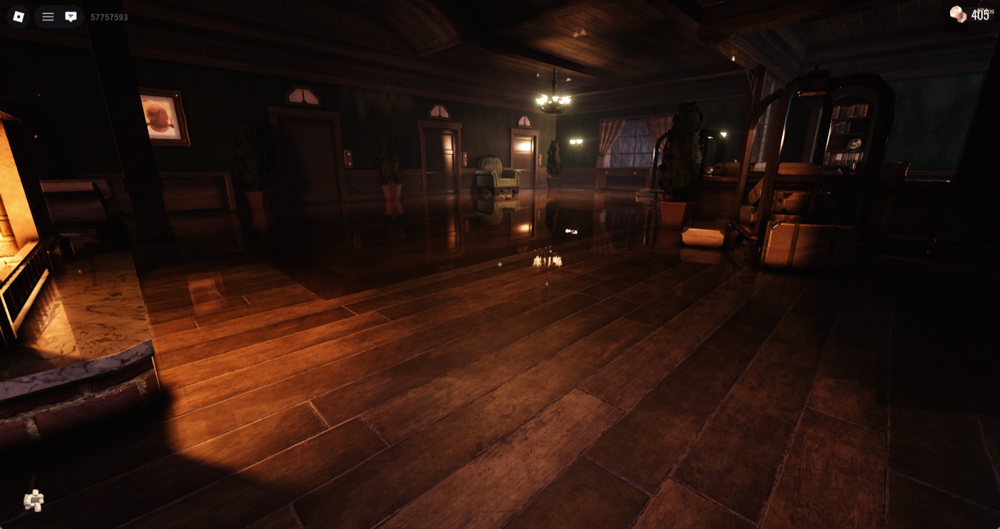 Prism in a dark wooden mansion: firelight and chandeliers reflected in a glossy floor